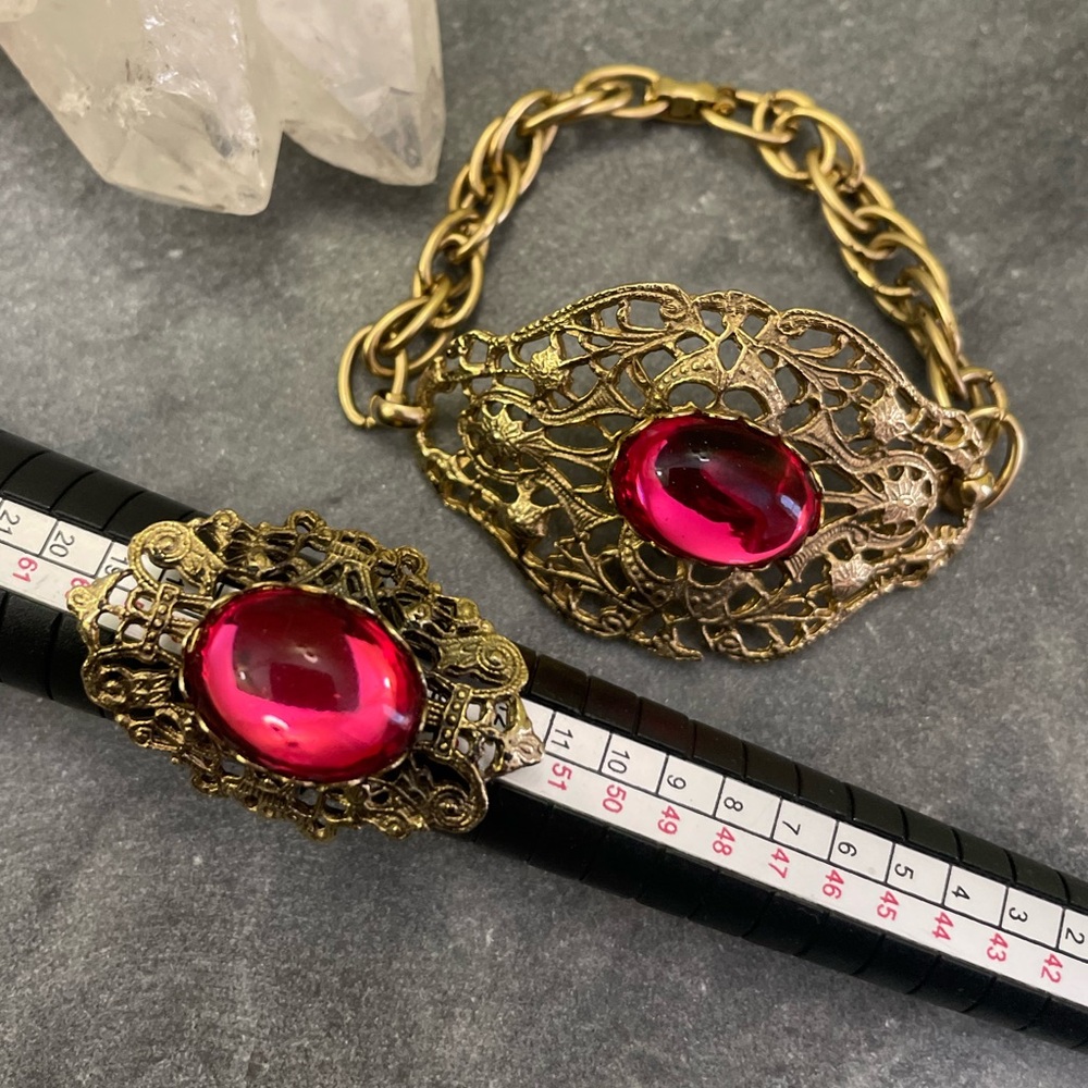 Vintage West Germany Gold Filigree Bracelet Red Glass Ring Set - Picture 3 of 16